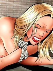 Leashed blonde slave babe gets doublepenetrated in the shower by her cruel capturers.